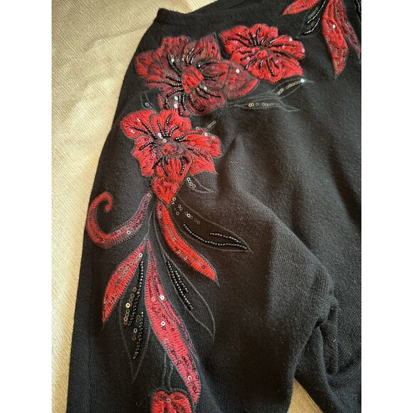 STUNNING Chico's Sweater Black Red Floral Embroidered Christmas Holiday Sz 3 XL‎ - Picture 8 of 16